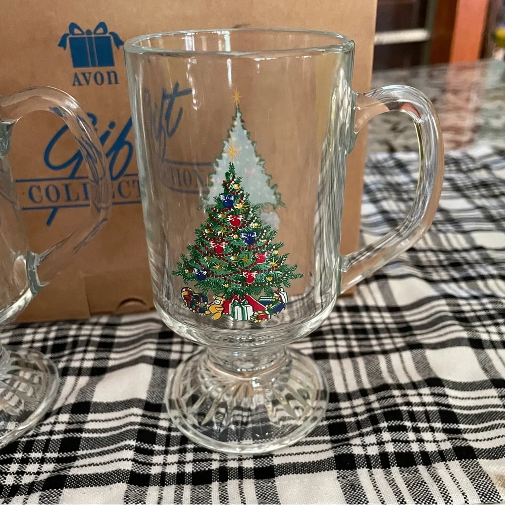 Vintage 1995 Avon Glass Glasses Christmas Irish Coffee Mug Set of 2 BRAND NEW